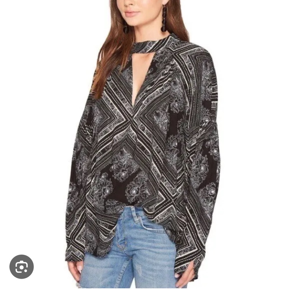 Free People Walking On A Dream Printed Tunic Top Blouse Black Size M